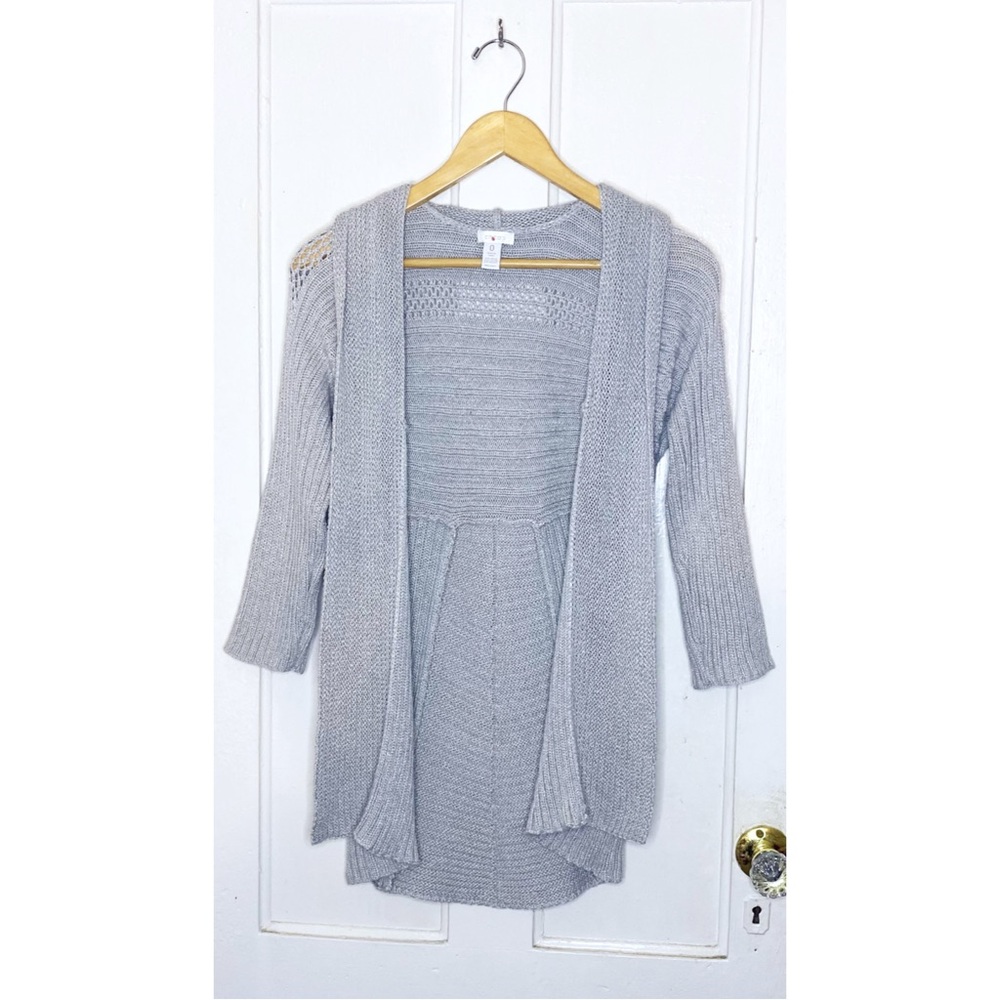 Chico’s : size S : light gray 3/4 sleeve crochet knit open sweater cardigan